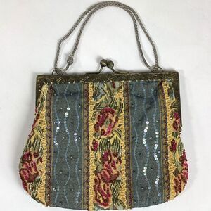 Vintage Christiana Beaded Tapestry Bag Purse Embroidered Floral Victorian